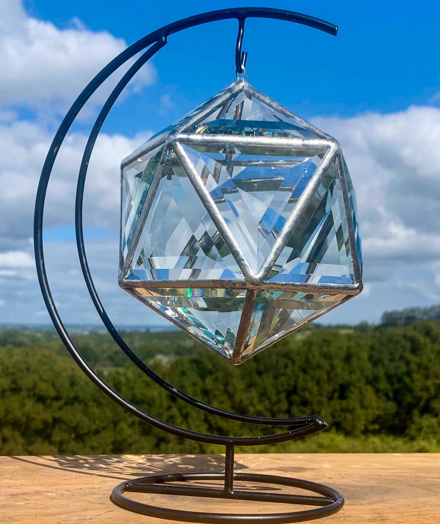 Moon of Clarity - Double Bevelled Clear Glass Icosahedron in Half Moon Stand